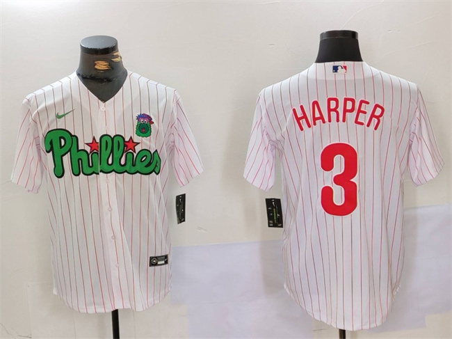 Men's Philadelphia Phillies #3 Bryce Harper White/Green Cool Base Stitched Jersey Men's Philadelphia Phillies #3 Bryce Harper White/Green Cool Base Stitched Jersey